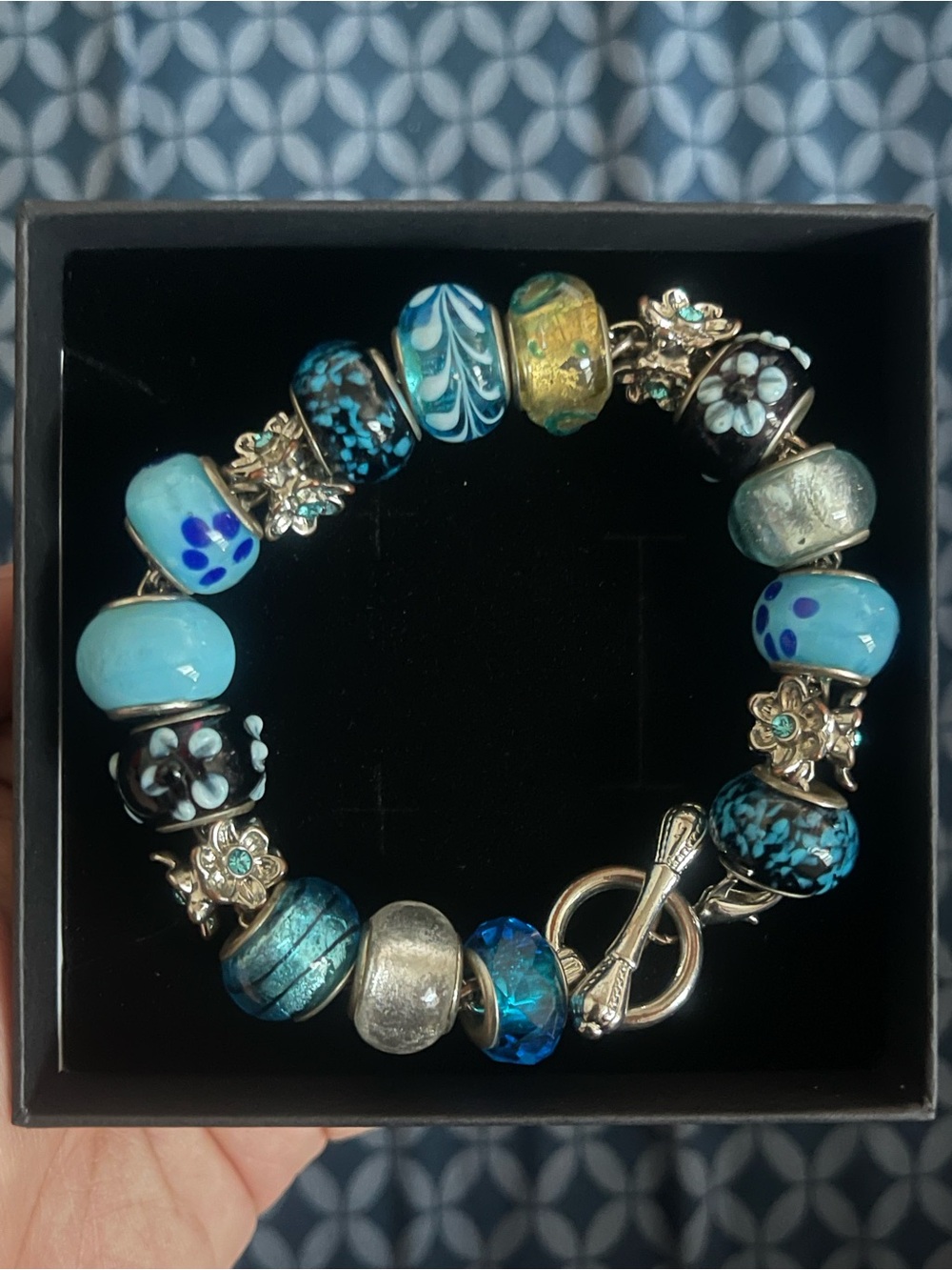 Blue Glass Bead Charm Bracelet - Silver Toggle Clasp